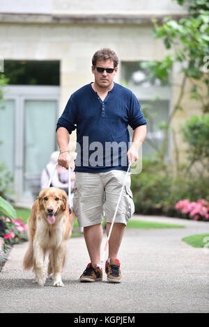 Blind man walking in park with dog assistance Stock Photo