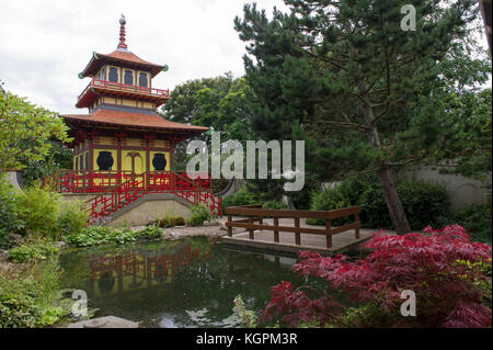 The Japanese Pagoda and gardens in the centre of Peasholm Park in the North Yorkshire seaside town of Scarborough Stock Photo