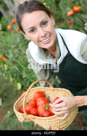 Smiling woman holding fruits and vegetables in basket Stock Photo - Alamy