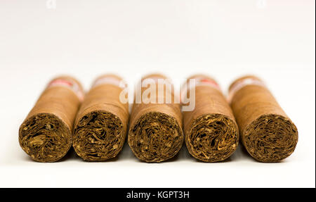 Close-up photo of still life with five cigars on white table with blurred background Stock Photo