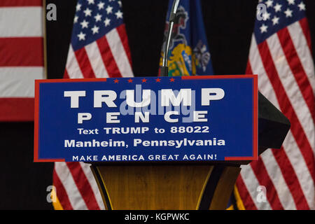 Manheim, PA - October 1, 2016: The Podium Sign at the Donald J. Trump campaign political rally in Lancaster County.
