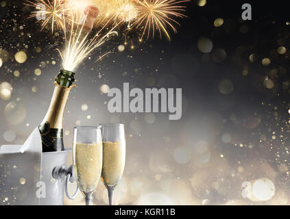 Champagne And Fireworks For Sparkling Celebration Stock Photo