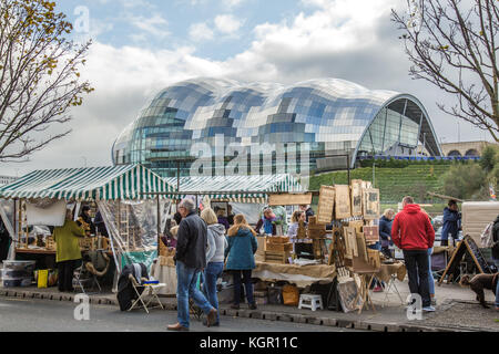 A market on the Quayside,Newcaste on Tyne,with The Sage Building in the background Stock Photo