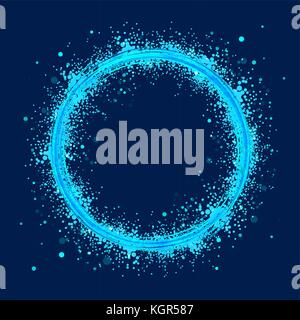 Azure circles on dark background. Abstract rings with motion effect. Swirl trail effect. Stock Vector