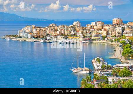 Aerial view of Saranda port and marina, Albania Stock Photo