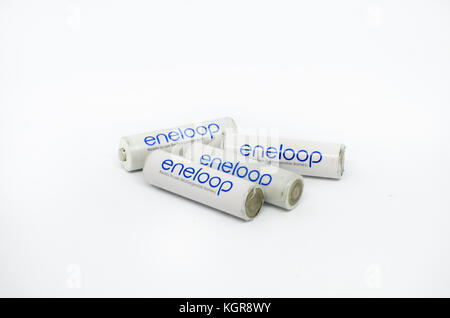 Selangor,Malaysia - November 9th 2017 : Eneloop rechargeable batteries isolated on a white background.Eneloop is a brand of 1.2-volt low self-discharg Stock Photo