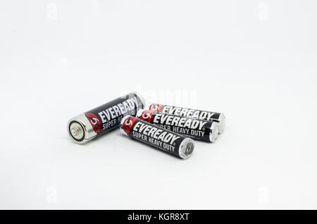 Selangor,Malaysia - November 9th 2017 : Eveready AA batteries isolated on a white background.Eveready is one of the top battery manufacturers and supp Stock Photo