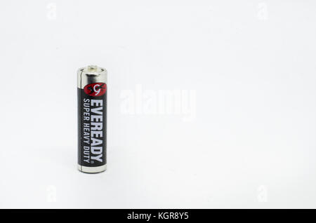 Selangor,Malaysia - November 9th 2017 : Eveready AA batteries isolated on a white background.Eveready is one of the top battery manufacturers and supp Stock Photo