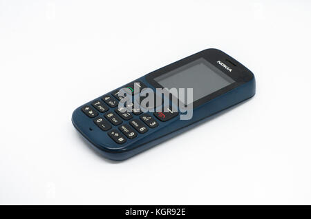 Selangor,Malaysia - November 9th 2017 : Nokia old cellphone isolated on a white background.NOKIA, is a Finnish multinational communications, informati Stock Photo