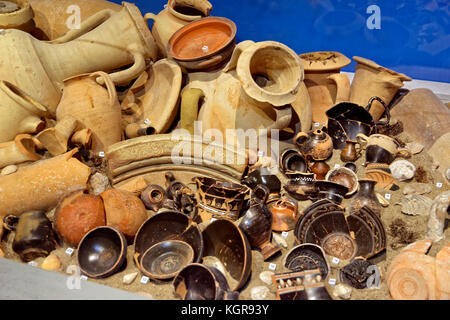 Recovered ceramic artefacts displayed in the Pompeii museum at Pompei Scavi near Naples, Campania, Italy. Stock Photo