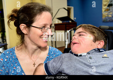 11 year old Jonathan Bryan, who suffers from Cerebral Palsy, has learnt to communicate using his eyes and has gone on to write acclaimed poetry. Here  Stock Photo