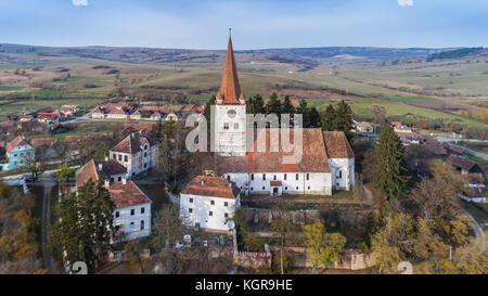 aerial view of Cincu medieval church. Brasov county.  Transylvania, Romania Stock Photo