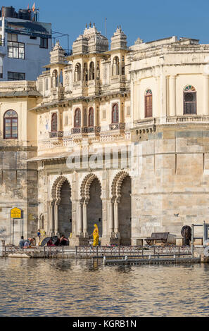 Gangaur Ghat from Lake Pichola in the evening light, Udaipur, Rajasthan, India Stock Photo