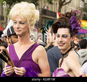 The participants of Gay pride parade in Paris, France. Stock Photo