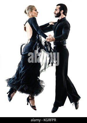 one caucasian man and woman couple ballroom tango salsa dancer dancing in studio silhouette isolated on white background Stock Photo