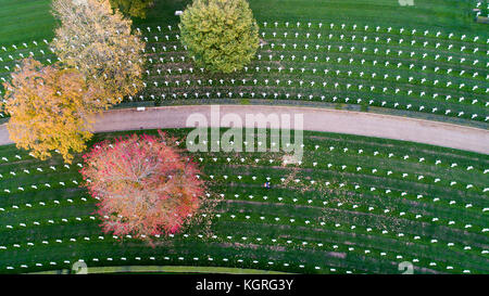 Aerial picture shows the only American War Cemetery in Britain having the autumn leaves cleared in preparation for the Veterans Day  ceremony this week.The Cemetery in Madingley,Cambridge, has 3,812 graves.  On Friday more than 50 poppy wreaths will be laid at the cemetery to honour the Americans buried in England who died in both world wars.  The service will feature members of the Royal Air Force and the US military and a minute's silence will be held to commemorate the day.  The cemetery covers 30.5 acres of land with 3,812 headstones of the American soldiers. Stock Photo