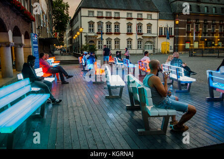 DUSSELDORF GERMANY - RHENANIE WESTPHALIE - ILLUMINATED BENCH IN A PUBLIC PLACE - GERMAN SUMMER - COLORED BENCH © Frédéric BEAUMONT Stock Photo
