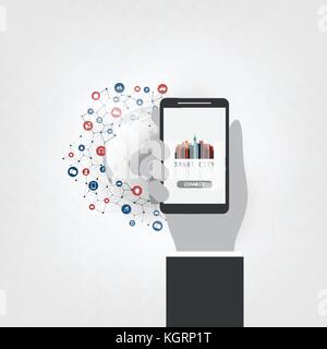 Colorful Smart City, Cloud Computing Design Concept with Icons - Digital Network Connections, Technology Background  - Illustration in Editable Vector Stock Vector