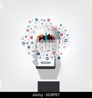Colorful Smart City, Cloud Computing Design Concept with Icons - Digital Network Connections, Technology Background  - Illustration in Editable Vector Stock Vector