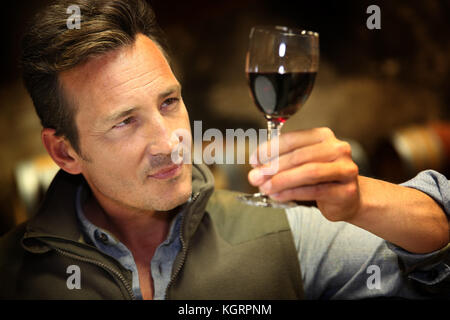 Winegrower in wine-cellar holding glass of wine Stock Photo