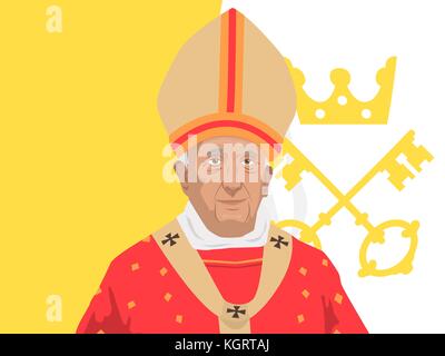 November 10, 2017. Editorial illustration of the Pope Francis in traditional suit on white background. Stock Vector