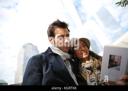 Tourists visiting 911 memorial in Manhattan Stock Photo