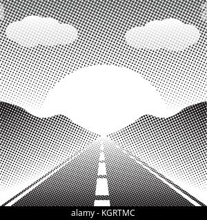 Abstract Landscape Highway with sun and clouds, black and white halftone style. Vector background Illustration. Stock Vector
