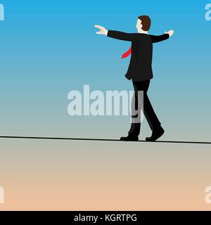 Isolated businessmen walking tightrope on blue sky background-Vector Illustration. Stock Vector