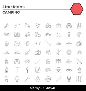 Camping Thin Line Related Icons Set on White Background. Simple Mono Linear Pictogram Pack Stroke Vector Logo Concept for Web Graphics. Stock Vector