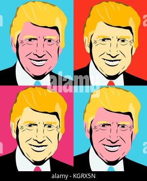 November 10 2017 set of illustrations of the USA President Donald Trump in Andy Warhol style. Stock Vector