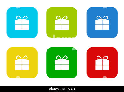 Set of rounded square colorful flat icons with gift symbol in blue, green, yellow, cyan and red colors Stock Photo