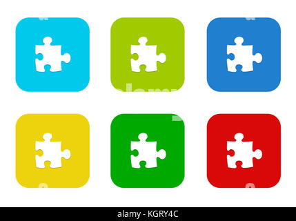 Set of rounded square colorful flat icons with puzzle symbol in blue, green, yellow, cyan and red colors Stock Photo