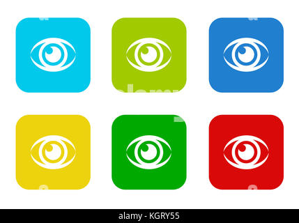 Set of rounded square colorful flat icons with eye symbol in blue, green, yellow, cyan and red colors Stock Photo