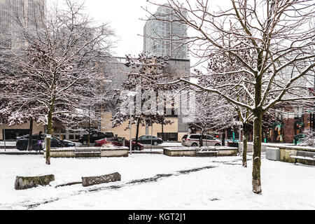 Photo of Downtown Vancouver BC covered in snow, Canada Stock Photo