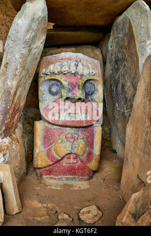 El Purutal, painted stone carved figure of an unknown pre-colombian culture near San Agustin, Colombia, South America Stock Photo