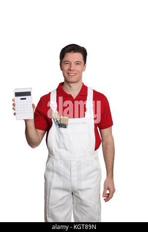 Home painter standing on white background with calculator Stock Photo