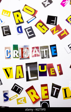 A word writing text showing concept of Create Value made of different magazine newspaper letter for Business case on the white background with space Stock Photo