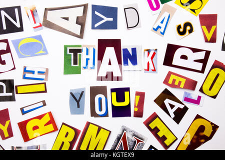 A word writing text showing concept of Thank You, Thanking made of different magazine newspaper letter for Business case on the white background with  Stock Photo