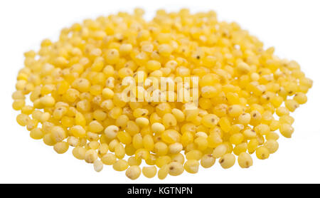 Panicum miliaceum is scientific name of Proso Millet cereal grain. Also known as Broomcorn Millet, Painco (portuguese) and Mijo (spanish). Pile of gra Stock Photo