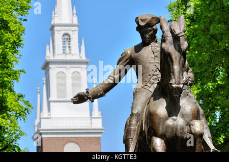 Paul Revere Statue and Old North Church in Boston North End neighborhood, Massachusetts, USA. Stock Photo