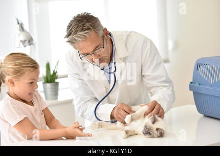 Veterinary and kid listening to cat heartbeat Stock Photo