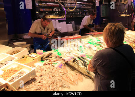 Inside mercado market fresh fish food stalls, La Latina, Madrid city centre, Spain Stock Photo