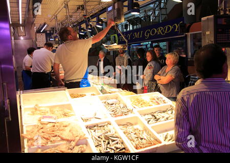 Inside mercado market fresh fish food stalls, La Latina, Madrid city centre, Spain Stock Photo