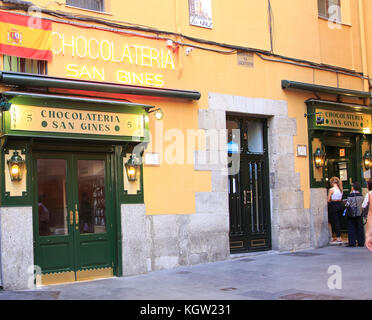 Chocolateria San Gines famous chocolate drink and churros cafe, Madrid city centre, Spain opened 1894 Stock Photo