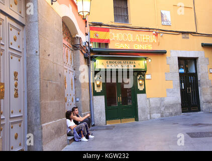 Chocolateria San Gines famous chocolate drink and churros cafe, Madrid city centre, Spain opened 1894 Stock Photo