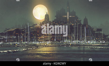 night scenery of port city with moon light, digital art style, illustration painting Stock Photo