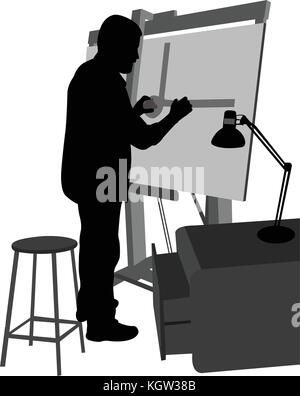 architect working on blueprint silhouette - vector Stock Vector
