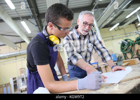 Carpenter with apprentice in training period Stock Photo