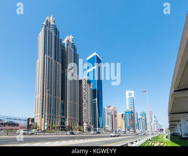DUBAI, UAE - 29OCT2017: Syscrapers alongside Sheik Zayed Road in Dubai. Stock Photo