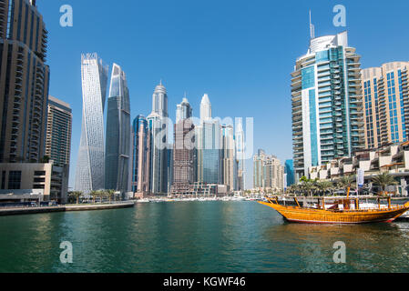 DUBAI, UAE - 31OCT2017: Iconic towers in Dubai Marina including (l-r) Cayan, Damac Heights, Marriott, Emirates Crown, Princess Tower, Torch, Elite Res Stock Photo